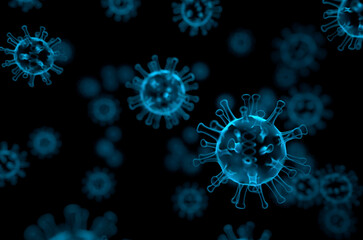 Blue coronavirus x-ray cancer illness -nCov virus close up defocus red background virus cells...