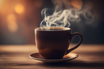 Cup of coffee with smoke streaming on a table.