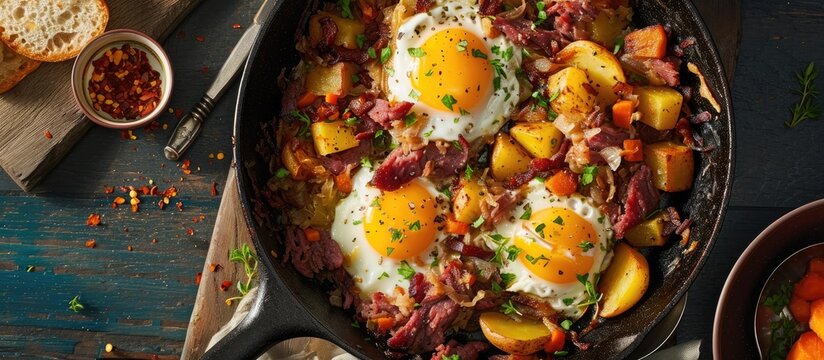 Egg-topped corned beef hash in a skillet with potatoes, cabbage, and carrot.