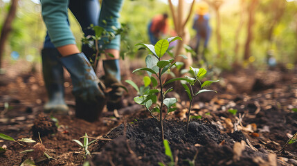 A dedicated gardener carefully tends to their herb garden, dressed in practical farmworker clothing and equipped with compost and gardening tools, as they lovingly plant a new tree in the rich soil o