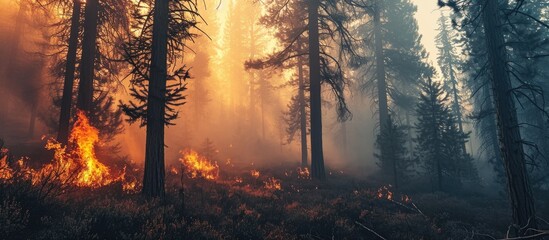 Burning conifer forest. - obrazy, fototapety, plakaty