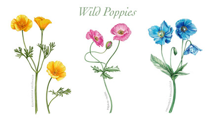Set wilder Mohn, Blumen im Sommer, handgezeichnet - obrazy, fototapety, plakaty