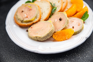 foie gras sandwich fresh goose or duck liver eating cooking appetizer meal food snack on the table copy space food background rustic top view