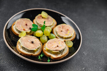 foie gras sandwich fresh goose or duck liver eating cooking appetizer meal food snack on the table copy space food background rustic top view