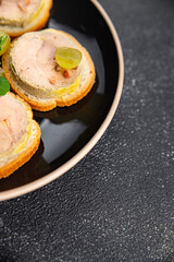 foie gras sandwich fresh goose or duck liver eating cooking appetizer meal food snack on the table copy space food background rustic top view