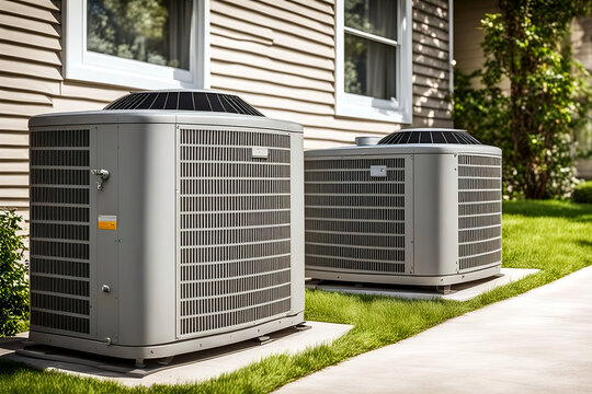 Heating And Air Conditioning Units Outside House. Home Improvement And Climate Solutions.