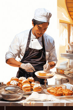 Pastry chef asian man preparing and decorating cakes.