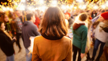 Graceful slender woman in elegant long dress, arms raised, amid New Year's revelers