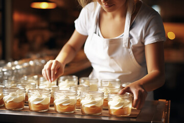 Pastry chef caucasian woman hands preparing and decorating creamy desserts.