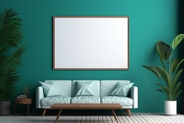 A cozy tropical lounge area with an empty mockup frame on a deep turquoise wall. Blank empty mockup frame.