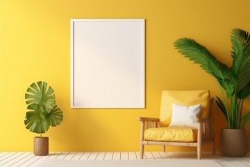 A cozy tropical lounge area with an empty mockup frame on a radiant yellow wall. Blank empty mockup frame.