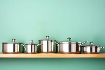 Steel pans of different sizes on a wooden shelf against the background of green kitchen wall, Copy space