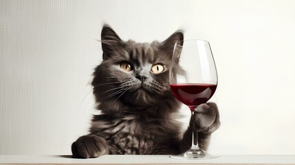 AI-generated illustration of an adorable gray cat with a glass of red wine - Powered by Adobe