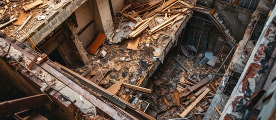 Disposing of construction waste during building renovation, including debris removal from roof, using waste chute on facade.