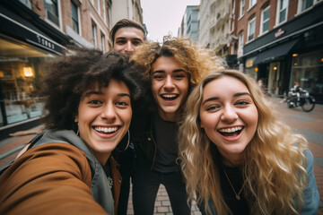 Fototapeta premium happy smiling friends on bicycles in the street