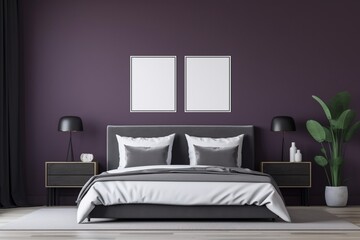 A sleek, modern bedroom showcasing a charcoal-colored bed, an empty mockup frame on the rich purple wall.