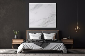 A stylish dark-colored bedroom, bed in profile, adorned with a marble floor and an empty mockup frame on a charcoal gray wall. Blank empty mockup frame.