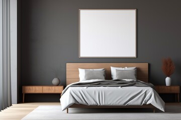 An angled view of a contemporary bedroom featuring a dark bed against a charcoal gray wall with a blank empty mockup frame.