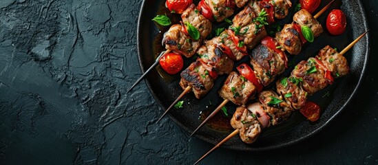 Barbecued kebabs on a black plate with a top view and empty space.