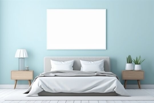 Airy bedroom space, dark bed, and a blank empty mockup frame on a sky blue wall.