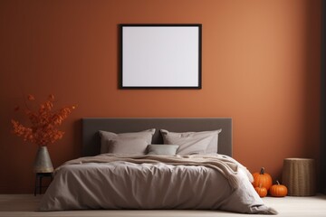 Autumn-inspired bedroom, dark bed, with a blank empty mockup frame on a pumpkin spice wall.