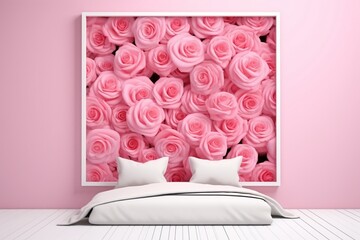 Bedroom ambiance with a light-colored bed and a blank empty mockup frame on the vibrant rose wall. Blank empty mockup frame.