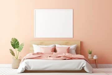 Bedroom ambiance with a light-colored bed and an empty mockup frame on the vibrant peach wall. Blank empty mockup frame.