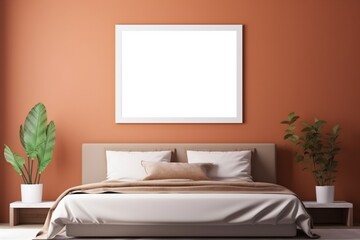 Bedroom ambiance with a light-colored bed and a blank empty mockup frame on the vibrant bronze wall. Blank empty mockup frame.