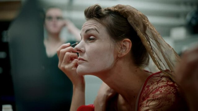 Side View Of An Actress Using Eye Pencil