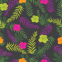 Vector black and colourful tropical plants seamless pattern background. Perfect for fabric, scrapbooking, wallpaper projects.