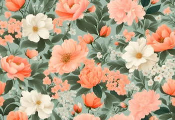 Deurstickers pink flowers and green leaves on a gray background, seamlessly © Wirestock