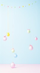 Pastel Easter eggs hanging on ribbons with a blue background