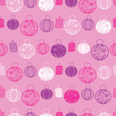 Vector pink, purple and white paper lanterns seamless pattern background. Perfect for fabric, scrapbooking, wallpaper projects.