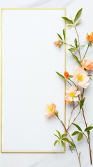 A beautiful frame adorned with peach blossoms on a marble background