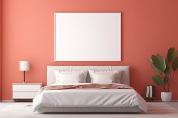 Bedroom with a serene atmosphere, a bed, and a blank empty mockup frame on the vibrant coral wall. Blank empty mockup frame.
