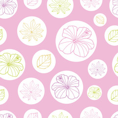 Vector pink and white tropical leaves and hibiscus flower seamless pattern background. Perfect for fabric, scrapbooking, wallpaper projects.