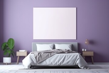 Bright bedroom setting with a dark bed, blank empty mockup frame on a serene purple wall.