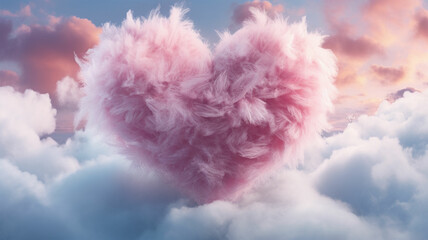 Cotton candy hearts floating on clouds, bright colors, very heartwarming.