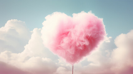 Cotton candy hearts floating on clouds, bright colors, very heartwarming.