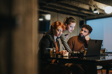 Diverse business team collaborates on project details for market expansion and profit growth.