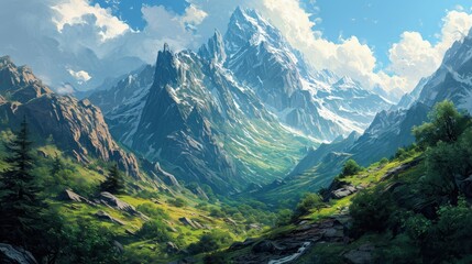 A Majestic Mountain Range with a Serene Stream
