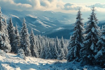 A Snowy Landscape With Trees and Mountains in the Background