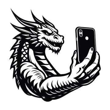 strong dragon taking selfie with a smartphone vector illustration