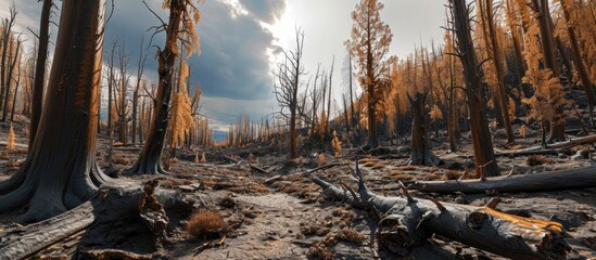 Burnt forest with severely damaged trees.