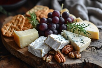A Platter of Cheese, Crackers, Nuts, and Grapes