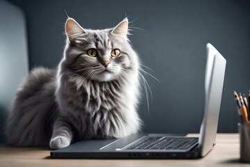 Cute fluffy grey cat sitting on top of desk in front of laptop computer web banner