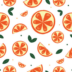 Seamless vector pattern with oranges and green leaves.White Background.