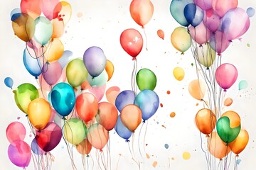Bunch of tied colourful balloons illustration in watercolour style isolated cutout on transparent
