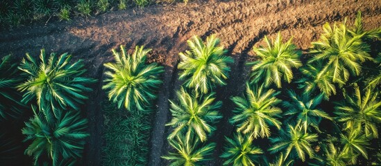 Bird's eye perspective of sugarcane plants growing in a field.
