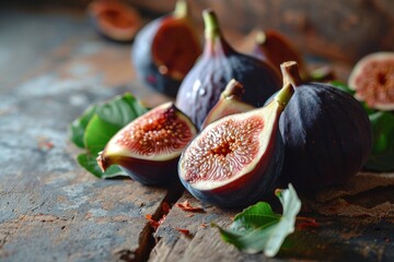 Group of Plump Figs Arranged on a Rustic Wooden Table